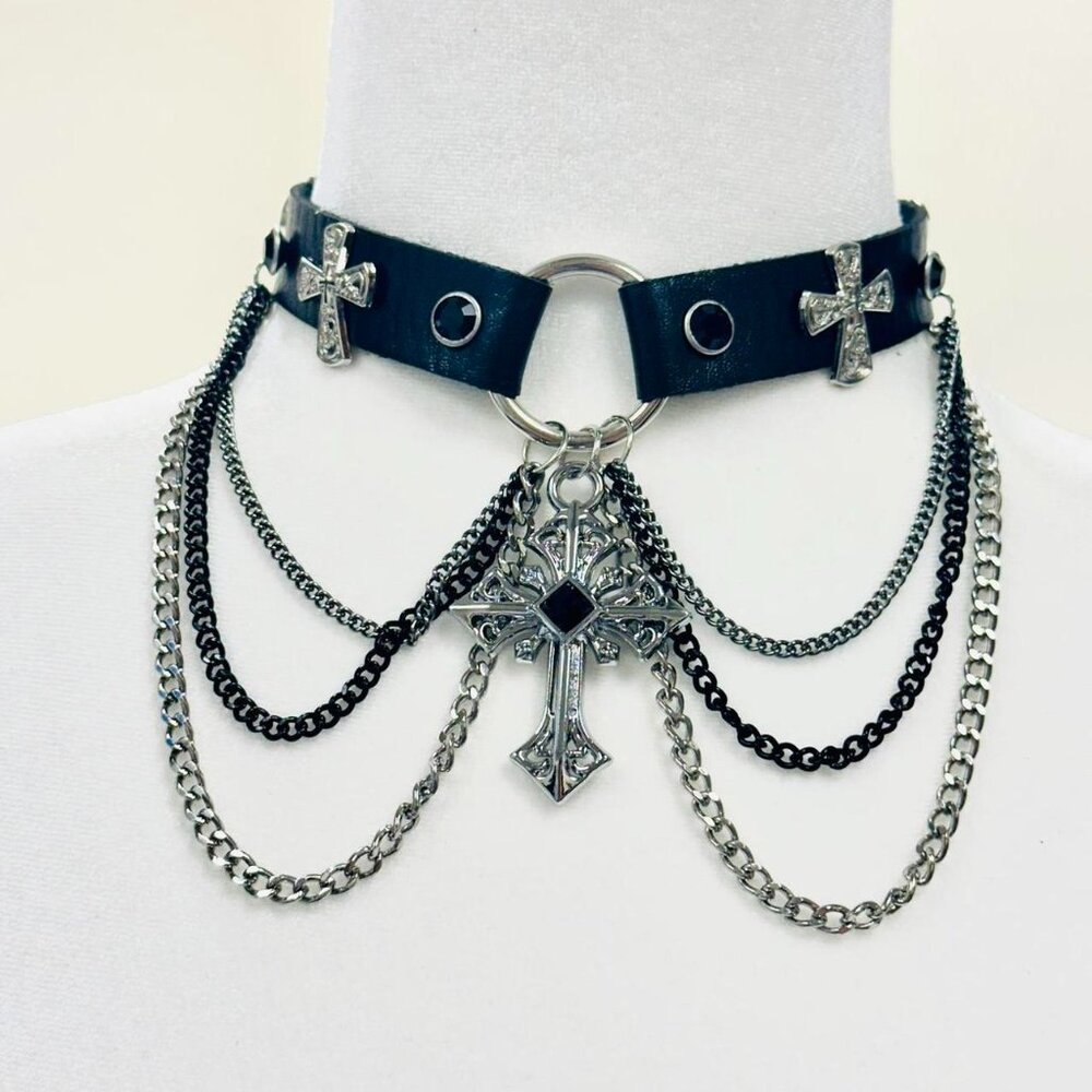 Y2K 2000s style Black leather choker with silver cross and chain details